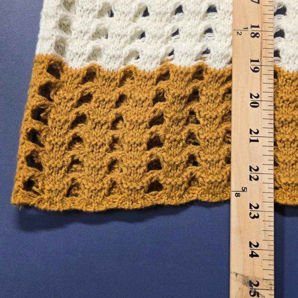 Open Knit Crochet Sweater Large Boho Pullover Cream Mustard Festival Cottagecore